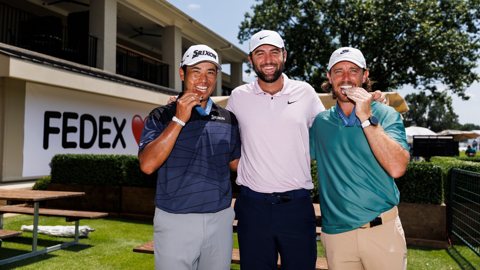 Hideki Matsuyama showing off bronze medal from Paris Olympics