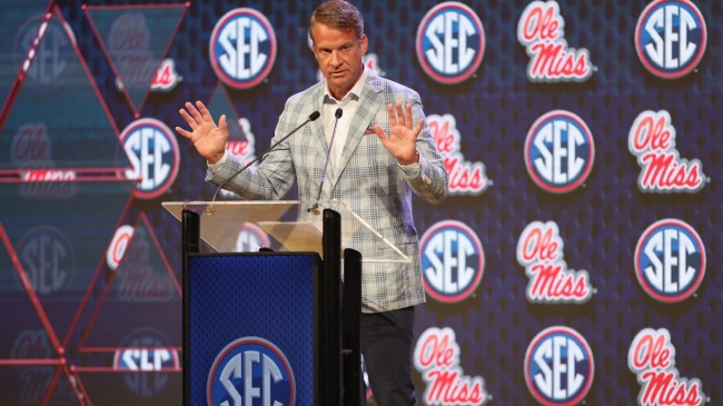 Ole Miss head coach Lane Kiffin speaks at SEC Media Days.