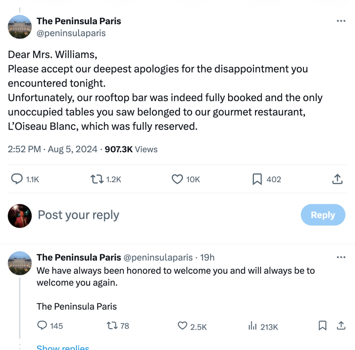 Peninsula Hotel Paris responds to Serena Williams