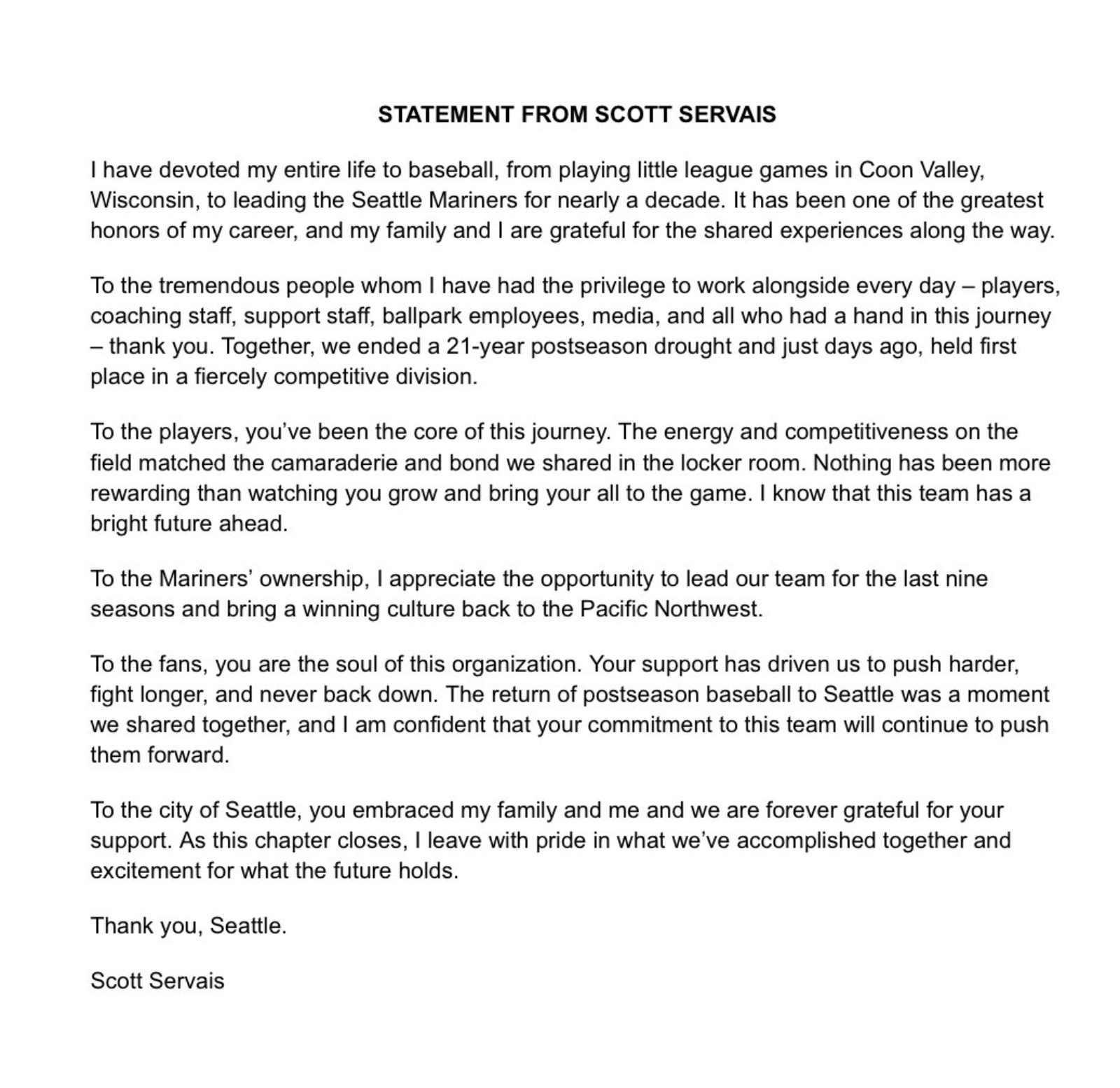 Seattle Mariners manager Scott Servais releases statement after firing