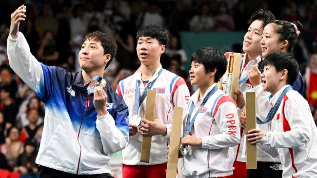 Medalist from China, South Korea, and North Korea on podium at Paris Olympics