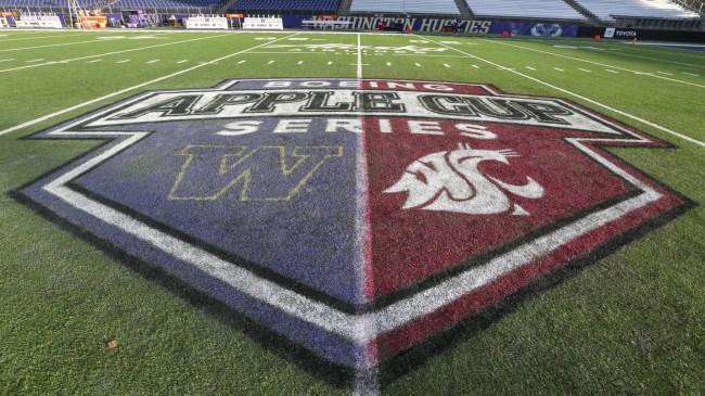 A logo at midfield before the Apple Cup between Washington and Washington State.