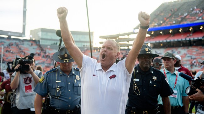 Arkansas football coach Sam Pittman celebrates a win over Auburn.