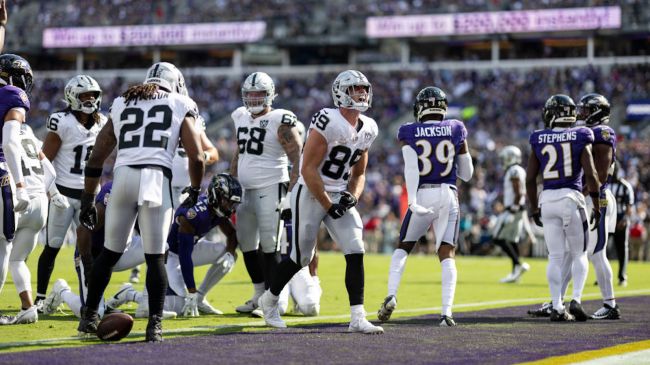 Brock Bowers of the Las Vegas Raiders celebrates after scoring a touchdown