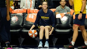 Caitlin Clark 22 of the Indiana Fever gets ready to warm up prior to first round WNBA playoff game