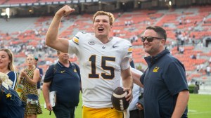 Cal QB Fernando Mendoza celebrates a win over Auburn.