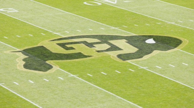 A Colorado Buffaloes logo on the football field.