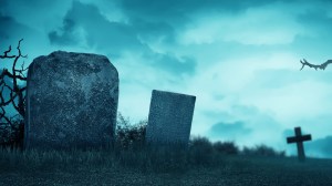 Creepy atmosphere in the cemetery with tombstones