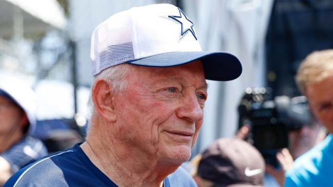 Dallas Cowboys owner Jerry Jones speaks to reporters during training camp