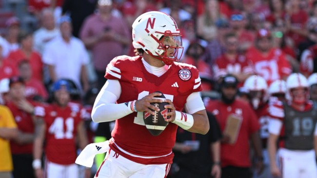 Nebraska QB Dylan Raiola drops back to pass vs. UTEP.