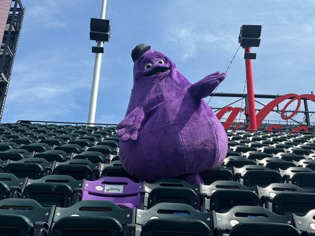 Grimace and purple seat at Citi Field