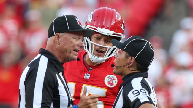 Kansas City Chiefs QB Patrick Mahomes talks about a penalty with the officiating crew.