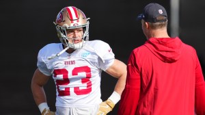 San Francisco 49ers RB Christian McCaffrey and GM John Lynch