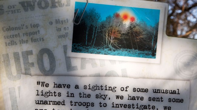 Newspaper headline reports on notice sign at Rendlesham UFOs trail