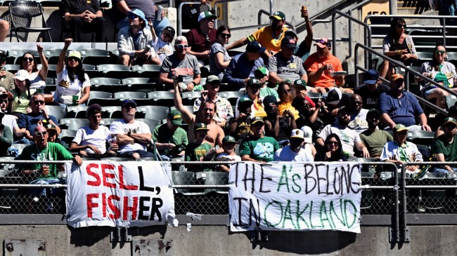 Oakland Athletics fans display signs during a game