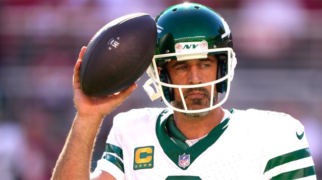 Quarterback Aaron Rodgers 8 of the New York Jets during warm ups