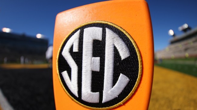 An SEC logo on a pylon during a Missouri football game.