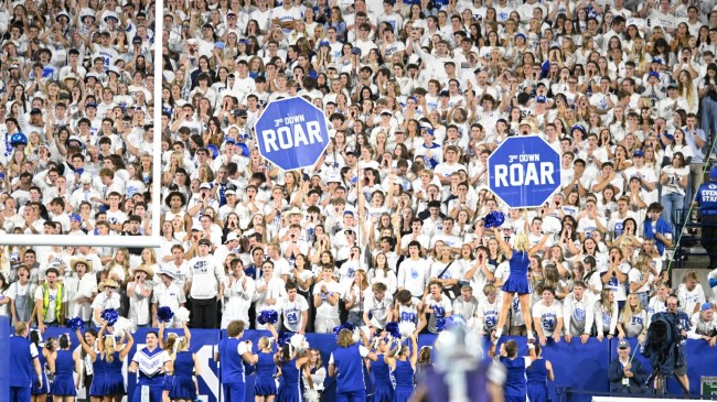 BYU fans cheer during a football game against Kansas State.