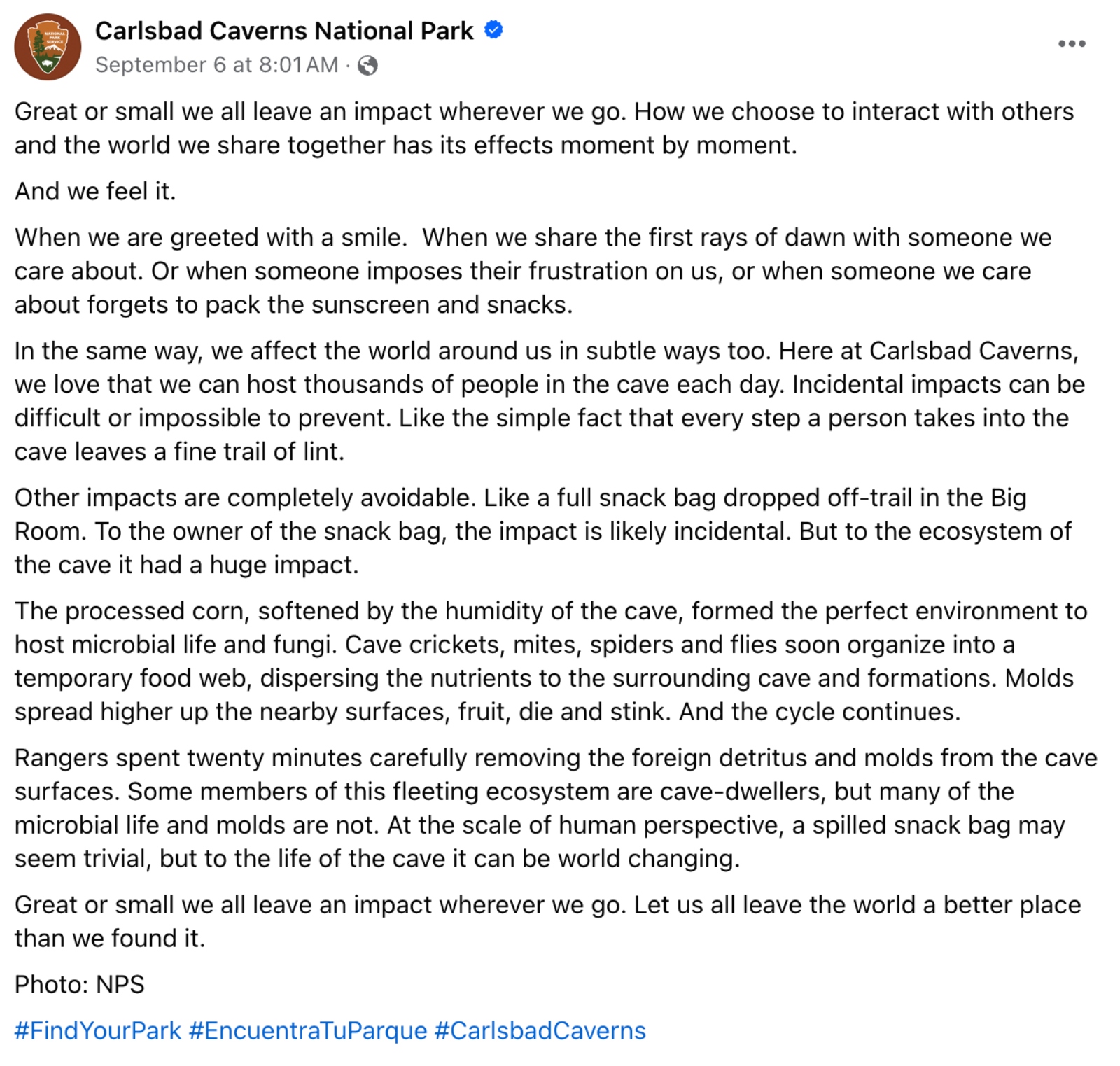 Carlsbad Caverns National Park Cheetos incident message to visitors