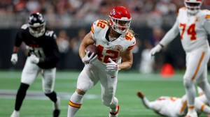 Kansas City Chiefs RB Carson Steele carries the ball vs. the Atlanta Falcons.