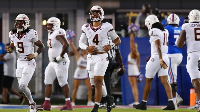 FSU QB DJ Uiagalelei runs off the field during a game vs. SMU.