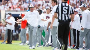 Auburn head coach Hugh Freeze reacts to a play on the sidelines.