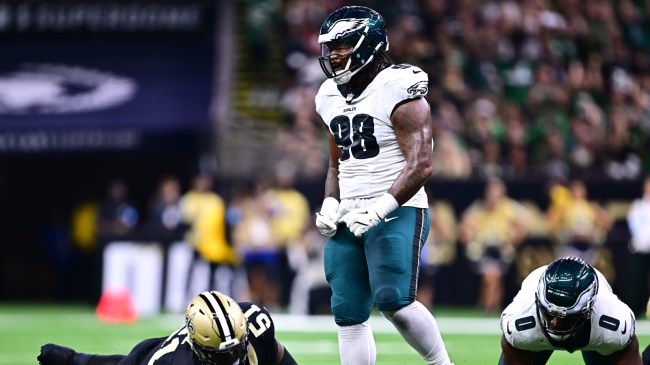 Jalen Carter celebrates during a game between the Saints and Eagles.