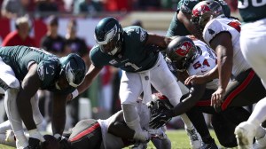 Philadelphia Eagles QB Jalen Hurts fumbles the ball against the Tampa Bay Bucs.