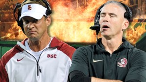 USC coach Lane Kiffin and FSU coach Mike Norvell over a dumpster fire