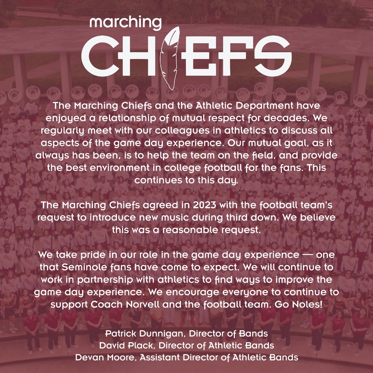 FSU Marching Chiefs statement on War Chant