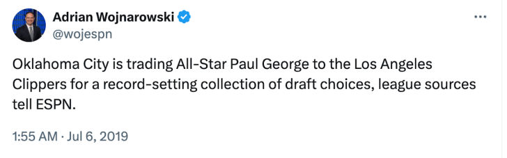 Paul George trade Woj Bomb