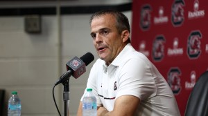 South Carolina football coach Shane Beamer speaks to media after a game.