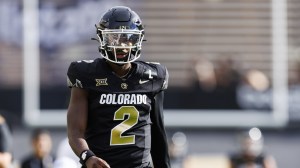 Colorado QB Shedeur Sanders on the field before a game.