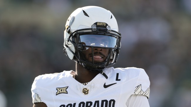 Colorado QB Shedeur Sanders on the field before a game against Colorado State.