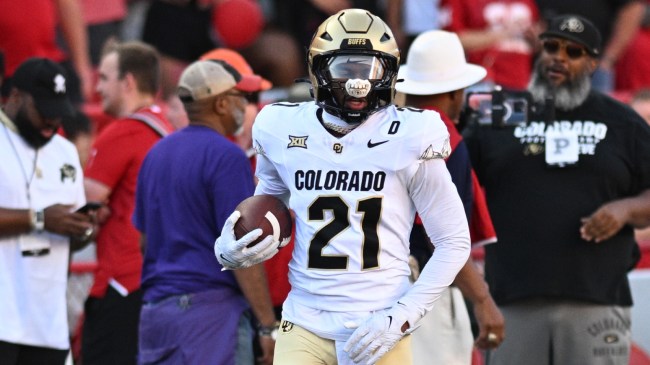 Colorado safety Shilo Sanders warms up before a game vs. Nebraska.