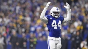 Indianapolis Colts LB Zaire Franklin pumps up the home crowd.