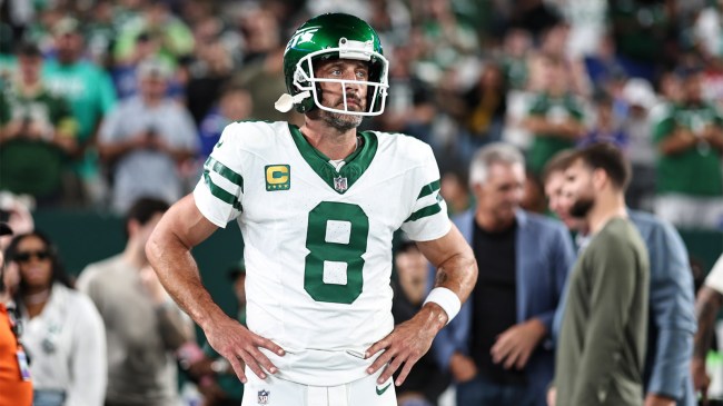 Aaron Rodgers 8 of the New York Jets looks on prior to game