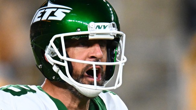 Aaron Rodgers of the New York Jets reacts during game against the Pittsburgh Steelers