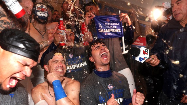 Brent Honeywell of the Los Angeles Dodgers celebrates in the locker room after National League Championship Series
