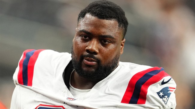 Christian Barmore 90 of the New England Patriots during warmups