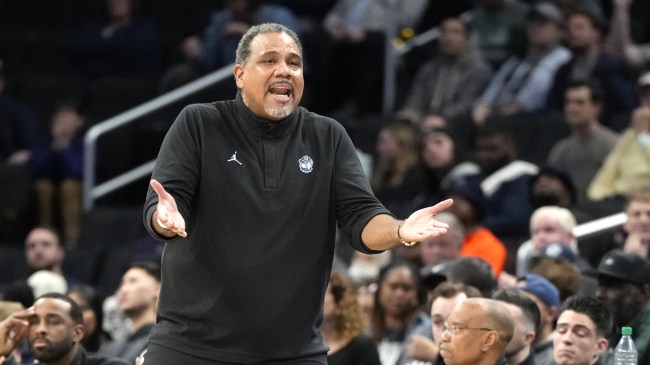 Georgetown basketball coach Ed Cooley reacts on the sidelines.