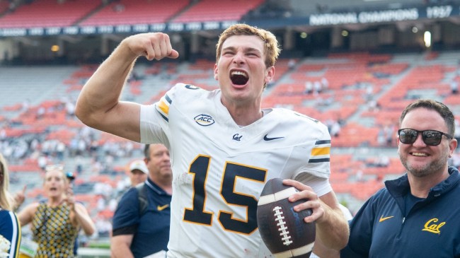 QB Fernando Mendoza celebrates Cal's win over Auburn.