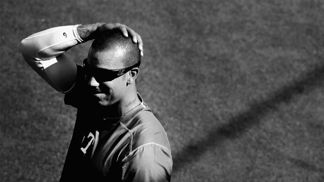 Matt Bush 51 of the Texas Rangers works out during batting practice
