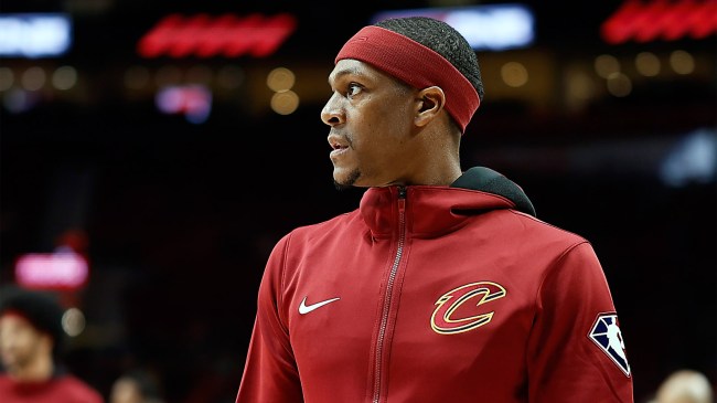 Rajon Rondo of the Cleveland Cavaliers looks on during warm ups