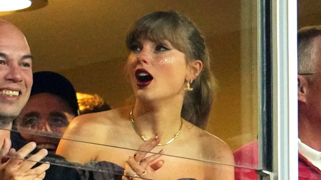 Taylor Swift cheers from a suite at the Kansas City Chiefs game