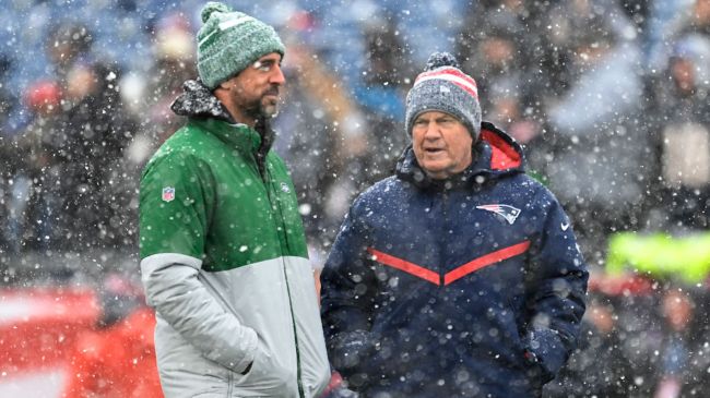 aaron rodgers and bill belichick in the snow