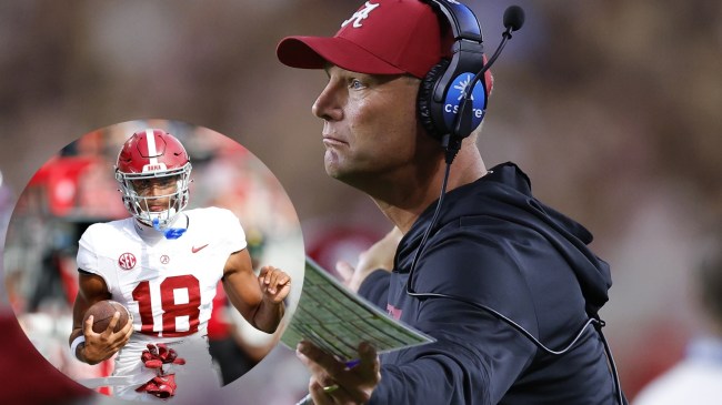 Alabama football coach Kalen DeBoer pictured with WR Caleb Odom.