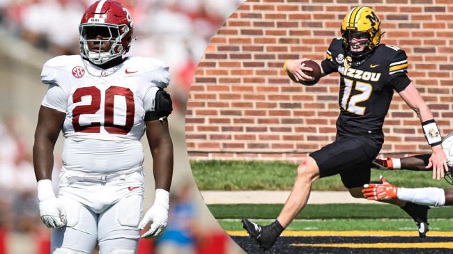 Alabama's Jah-Marien Latham pictured side by side with Missouri's Brady Cook.