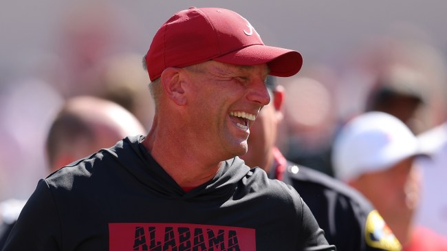 Alabama football coach Kalen DeBoer on the field during a game vs. South Carolina.