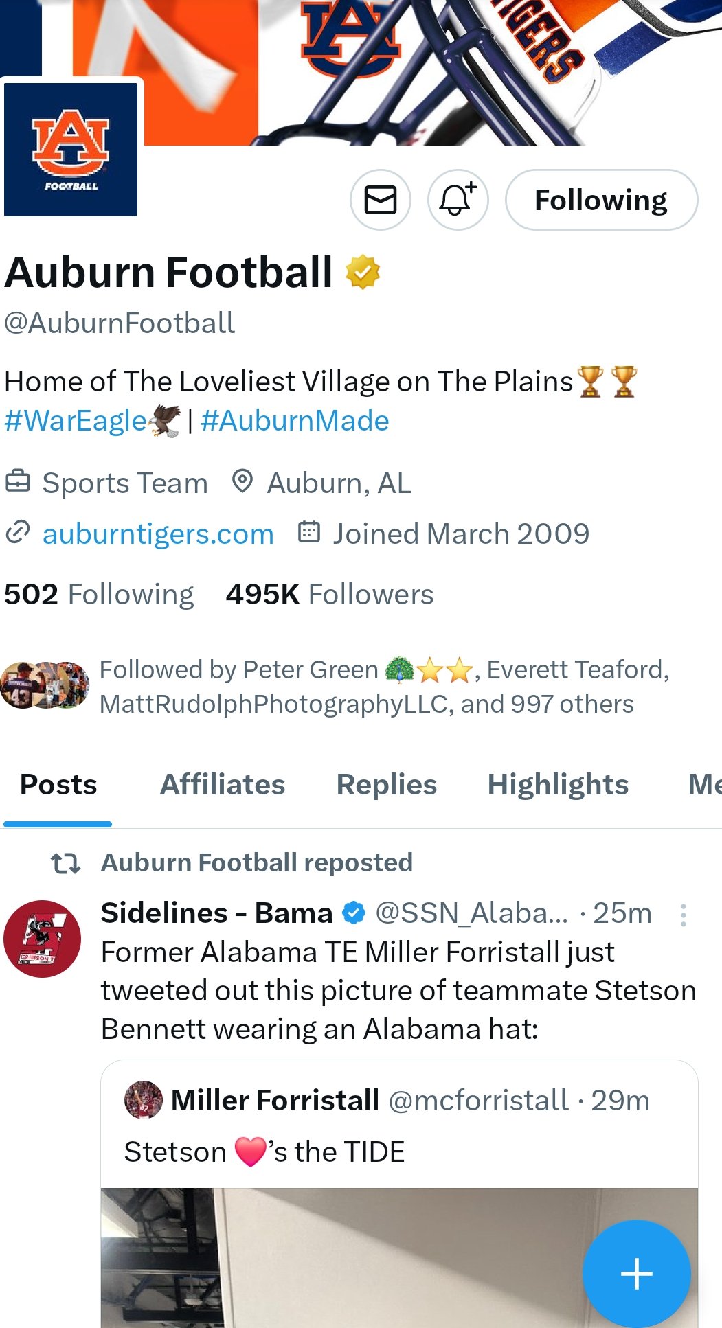 Auburn Football Social Media Post X Twitter